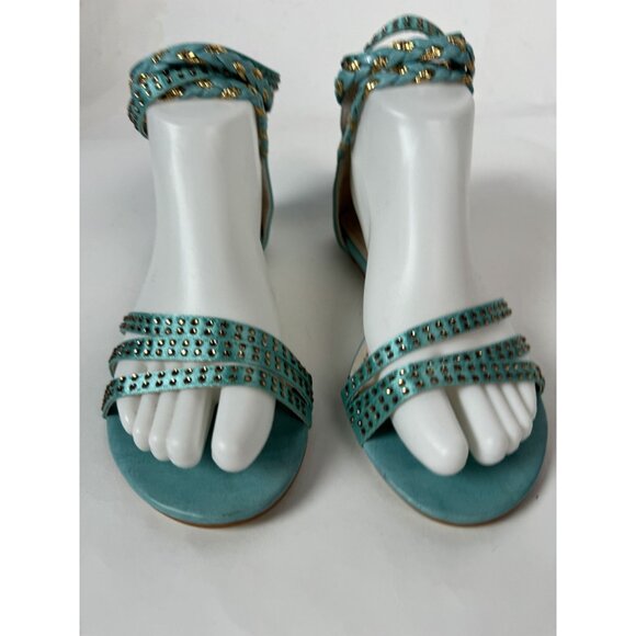 Turquoise Ankle Wrap Sandals With Gold Studs Size 7 By Mochi - Picture 1 of 16